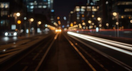 Fototapeta premium Urban office space illuminated with bokeh combined with motion trails of railroad tracks
