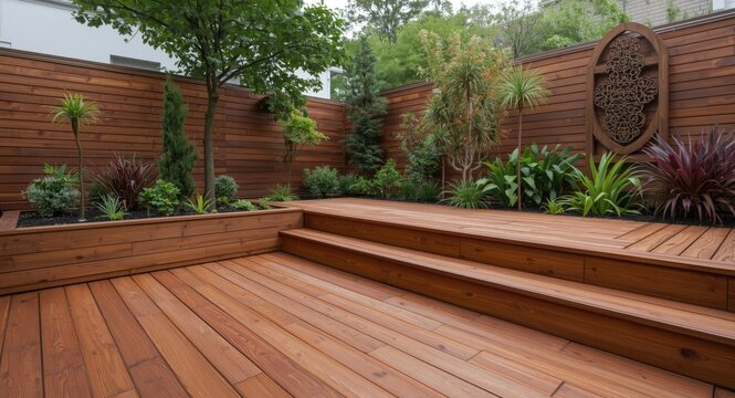 Timber deck with layered wood grains and garden plants in a serene courtyard ideal for exterior remodeling