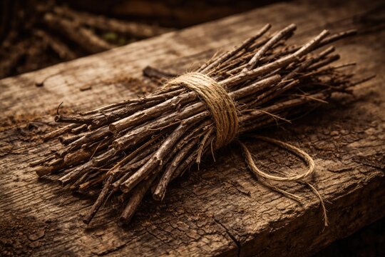 Rustic decor bundle of dried twigs arranged on rough wooden surface