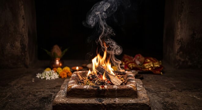 Hindu sacred fire havan kund ritual with flames and offerings spiritual religious ceremony concept