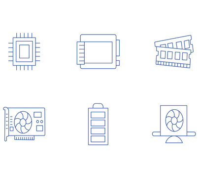 Minimal Computer Hardware Line Icon Set Vector, Processor Chip, CPU, RAM, GPU Graphics Card, Battery, Cooling Fan System, Electronic Components Outline Icons Collection, Technology Linear Icons Pack 