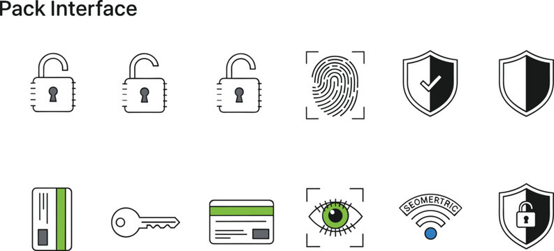 Cybersecurity pack interface icon set with lock fingerprint shield card key wifi symbols for secure digital access system design