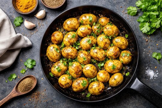 Top view of pan fried baby potatoes with cumin seeds and fresh coriander leaves popular Indian recipe with copy space