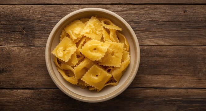 Top view of uncooked trofie pasta in a ceramic bowl on a rustic wooden table