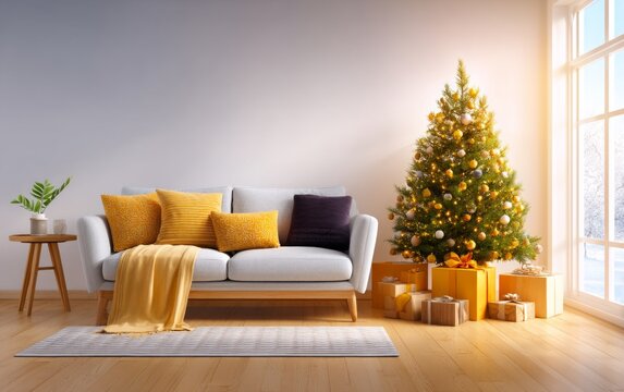Cozy Scandinavian Living Room with Christmas Tree and Warm Decorations