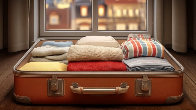 Packed Suitcase with Neatly Folded Clothes Looking Outward from Window