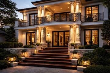 Fototapeta premium Luxurious home with upper level balcony illuminated by glowing pillars and stone details near wooden steps and crisp white walls