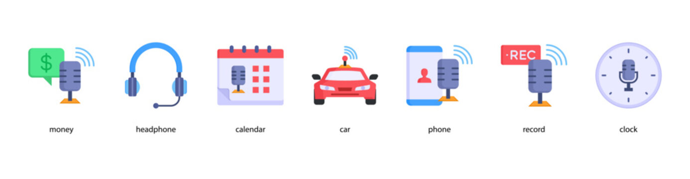 Podcast Essentials web banner icon vector illustration featuring money, headphone, calendar, car, phone, record, and clock for digital broadcasting and creative media.