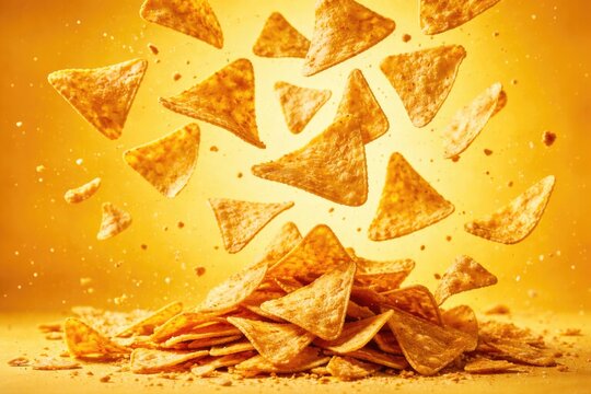 Golden corn chips cascading in front of a bright yellow backdrop for a lively marketing image