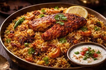 Fototapeta premium Flavorful Fish Biryani with Yogurt Dip on Rustic Table