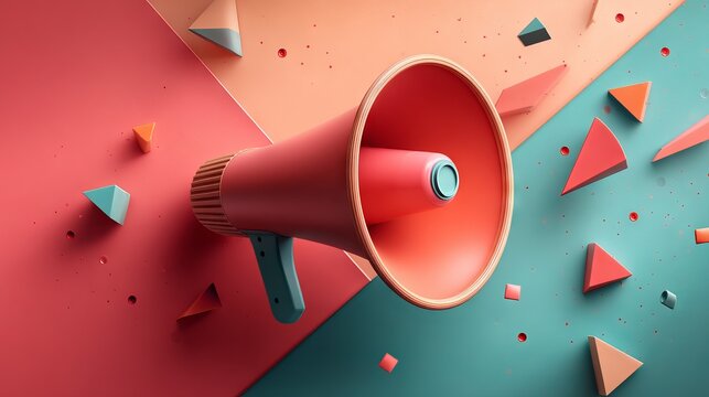 Colorful Megaphone on Solid Background with Geometric Shapes Surrounding It