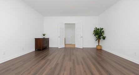Fototapeta premium Vacant living space with dark wood flooring, white walls, an open double door, cabinet, and green plant