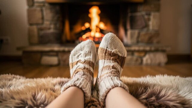 Cozy feet in warm knitted socks resting on soft furry rug by crackling fireplace relaxing at home