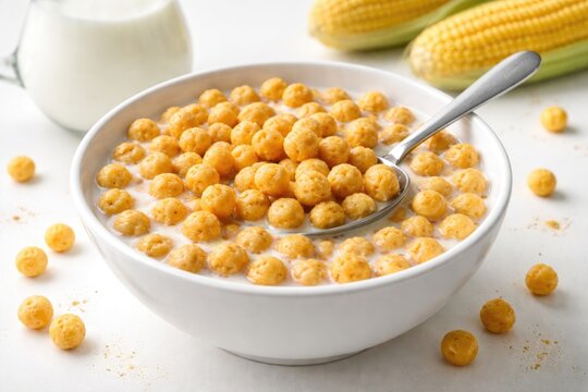 Corn balls served with milk on a simple white background