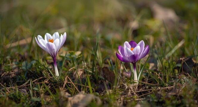 Spring wildflower variety showing pasque flower and prairie crocus in natural field