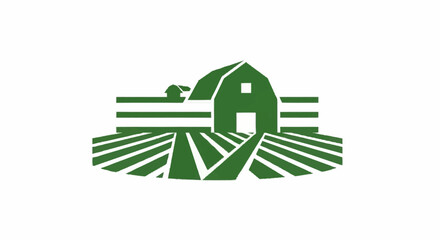 Green barn and cultivated fields illustration. © NINDYA