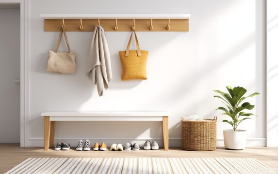 Stylish Entryway Setup Featuring Coat Hooks, Shoe Rack, and Small Bench