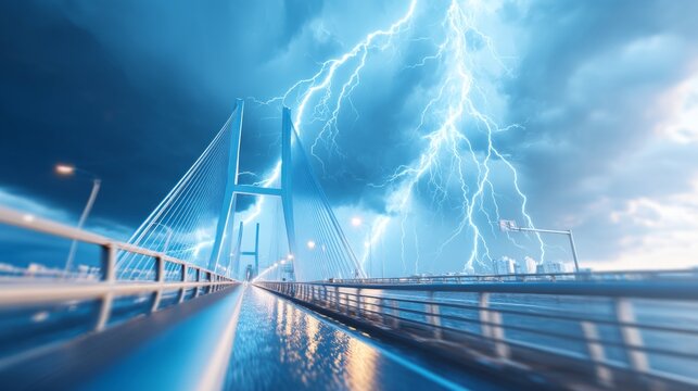 Dramatic Lightning Storm Over a Long Bridge with Reflections on Wet Road