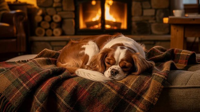 Cozy Cavalier King Charles Spaniel resting peacefully on plaid blanket in warm home setting