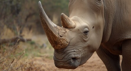 Fototapeta premium Strong facial features of a big horn rhino with rugged horn structure