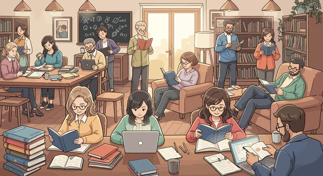 Diverse Students and Adults Studying and Reading Books in a Cozy Library Setting, fostering learning and collaboration.