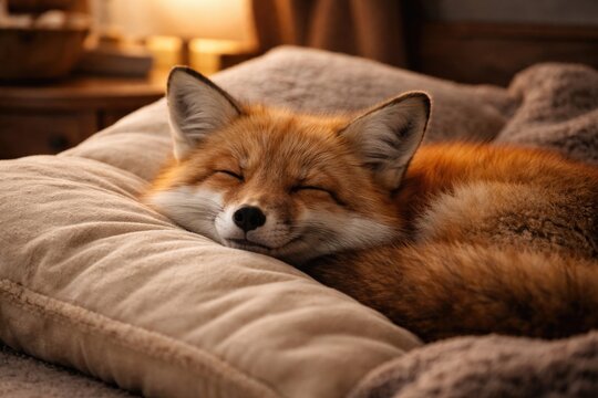 content fox pet napping peacefully on a plush pillow in a cozy setting