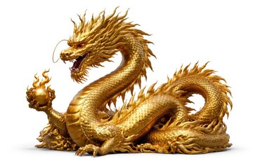 Fototapeta premium Golden Chinese Dragon Sculpture Holding Flame Ball Isolated on White Background