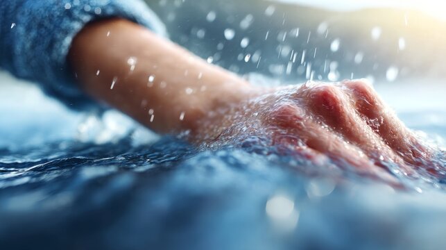 Hand Reaching Through Water Surface with Wet Fabric Clinging and Droplets