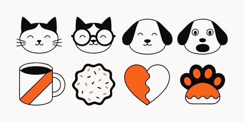 Obraz premium Cute cat dog sticker set with coffee donut heart paw