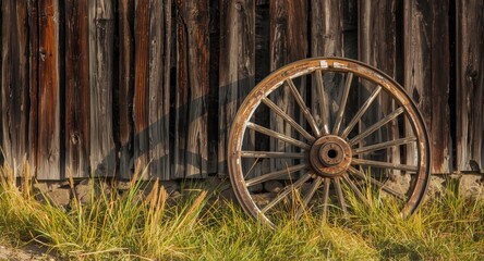 Obraz premium Sunlit aged wagon wheel resting near barn exterior with clear space for text