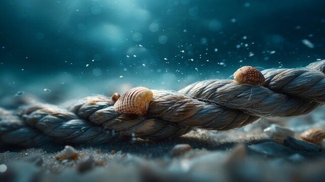 Thick Underwater Rope Mooring Stretched Across Ocean Floor with Shells