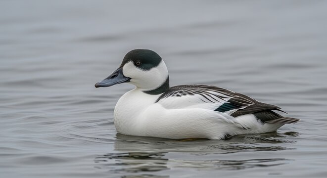 Smew Duck Swimming in Water - Male Bird with Distinctive Black and White Plumage