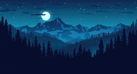 Fototapeta premium Stylized nighttime outdoor scene showing forested mountains and rolling hills for website design