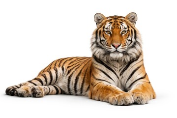 Obraz premium Majestic tiger lying peacefully against a plain white backdrop