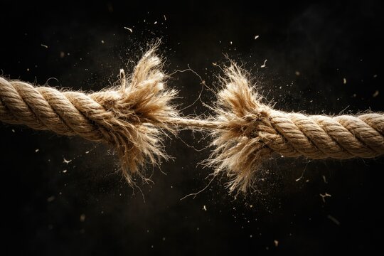 Cotton rope snapping with fiber fray on dark background