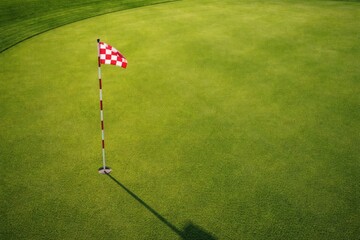 Obraz premium Aerial view of a striped flagpole on a neatly trimmed golf green with copy space