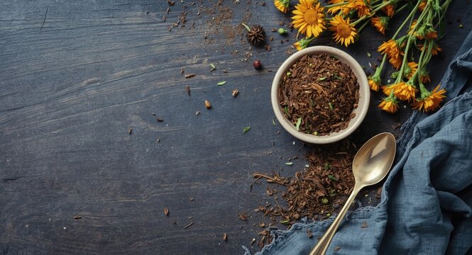 Traditional herbal tea featuring safflower served with spoon