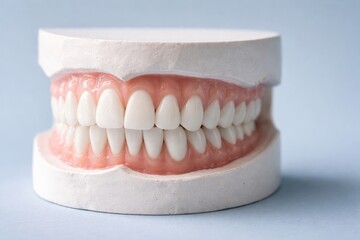 Obraz premium Close up view of a pale plaster denture model with plastic artificial teeth against a soft blue background and copy space