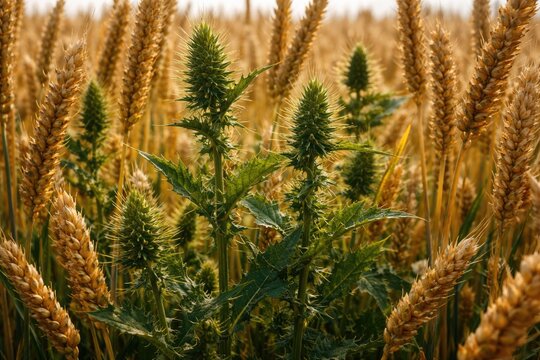 Green thorny tares growing vigorously between wheat stalks in a ripe field