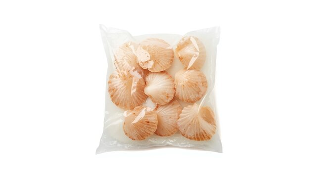 Frozen scallops airtight sealed in vacuum plastic bag over white backdrop with clipping path
