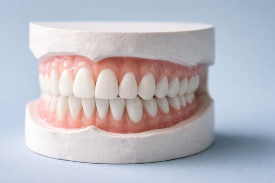 Close up view of a pale plaster denture model with plastic artificial teeth against a soft blue background and copy space