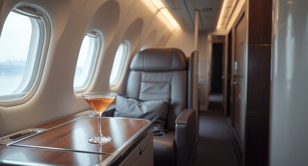 Fototapeta premium sleek airplane interior in business class with focus on cocktail glass and armchair