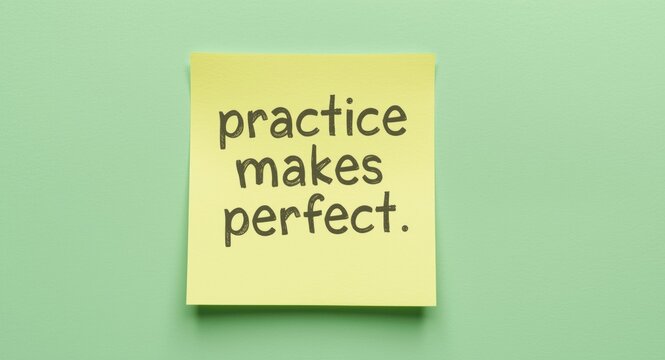 Uplifting message practice makes perfect displayed on a spring green sticky note