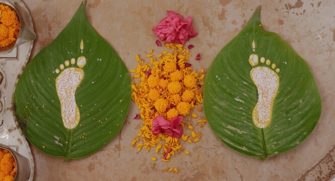 Sacred festival ritual with Maa Lakshmi footprints painted on Apta leaves and marigold decorations