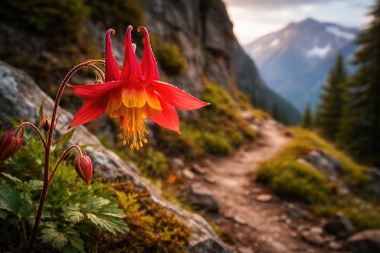 Close up macro image of a vibrant red columbine wildflower blooming beside a rugged mountain hiking path