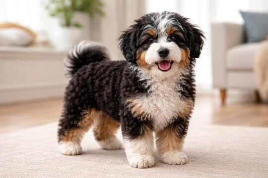 Happy miniature Bernedoodle pet standing full length in bright room gazing at camera