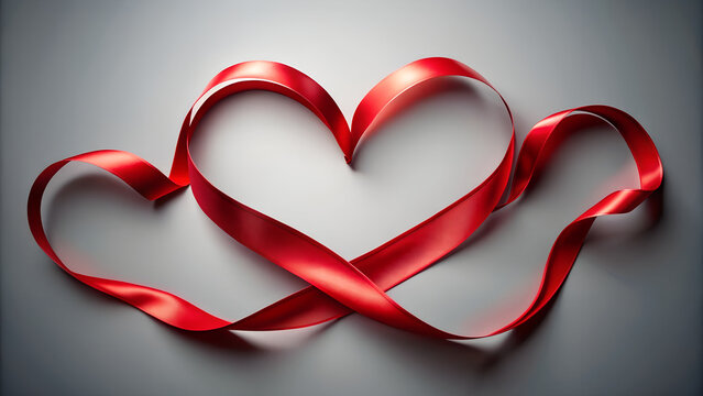 Two intertwined red satin ribbons forming heart shapes on neutral grey background