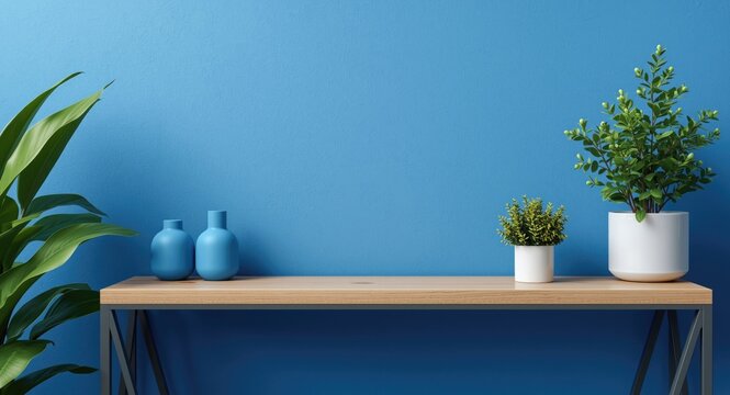 Desk shelf with blue tomes and potted greenery for virtual office backdrop