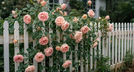 Obraz premium Historic style picket fence graced by delicate pink climbing rose clusters