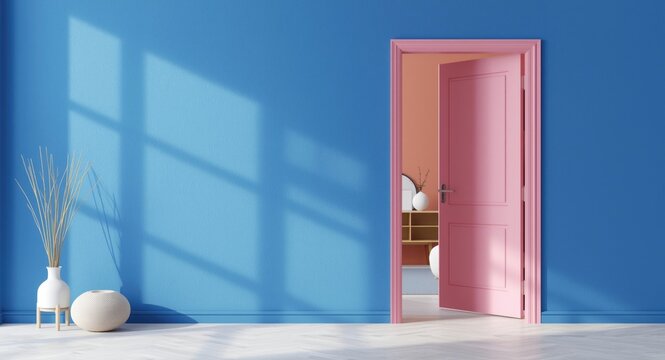 Contemporary room with striking blue wall complemented by a warm pink door